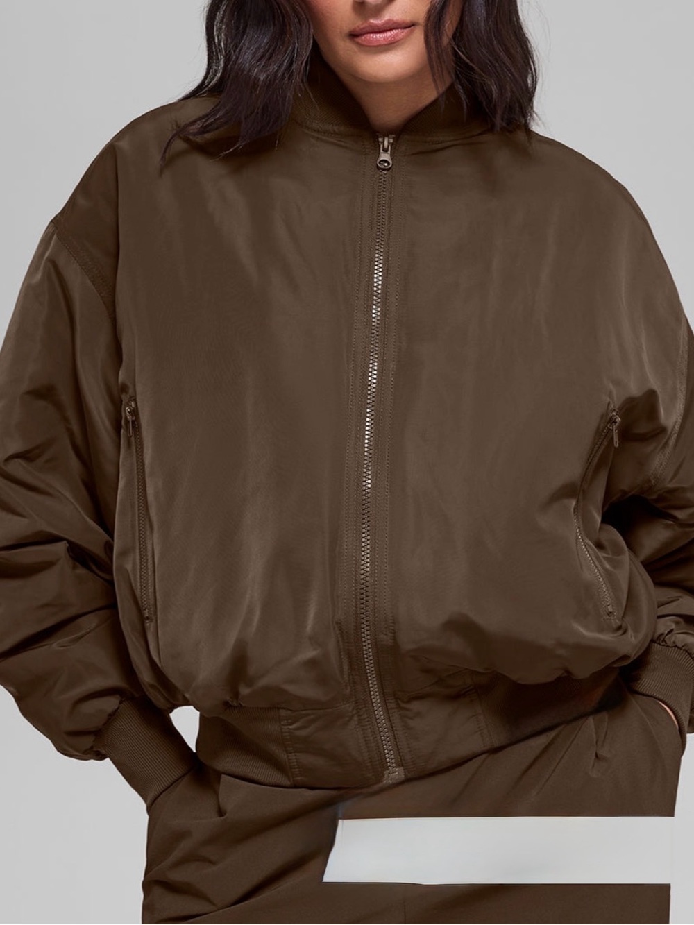 ALO Yoga Brown Satin Faux Fur Bomber Jacket